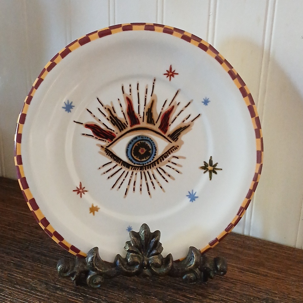 Anthropologie Stoneware Dessert Plate Handpainted Evil Eye, Magical, Protection